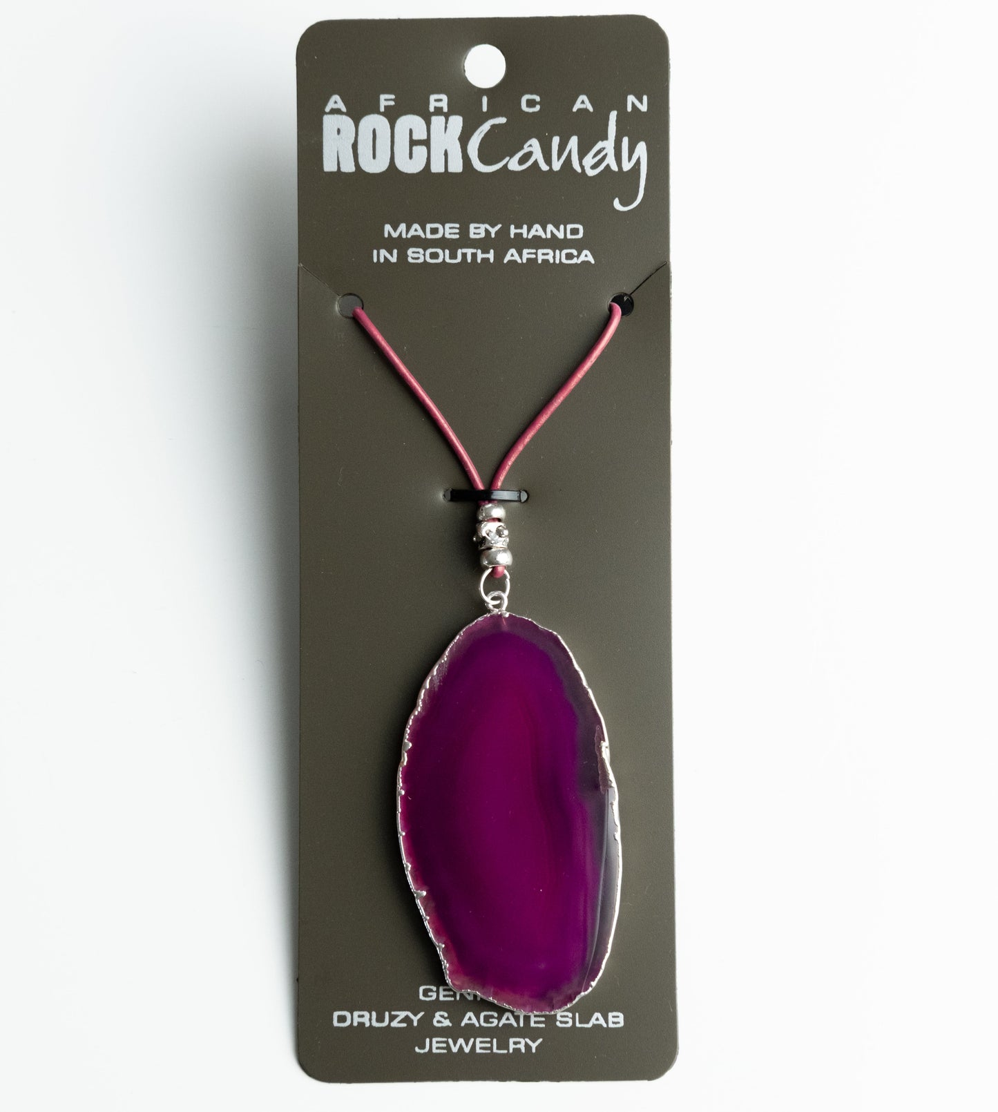African Rock Candy Pink Agate Slice Pendant Necklace