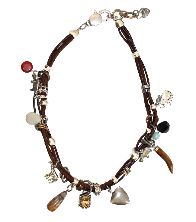 Thanda Genuine Leather Mix Stone Multi Charm Necklace