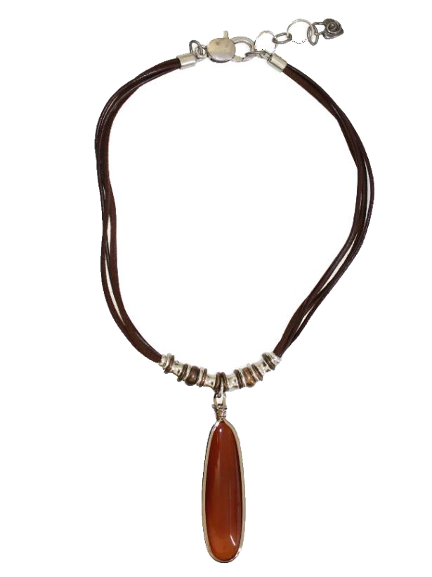 Thanda Genuine Leather Necklace with Long Carnelian Pendant