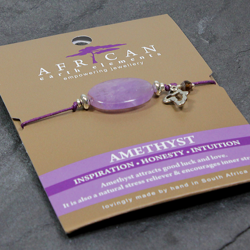 African Earth Elements Amethyst Oval Bracelet with African Map Detail