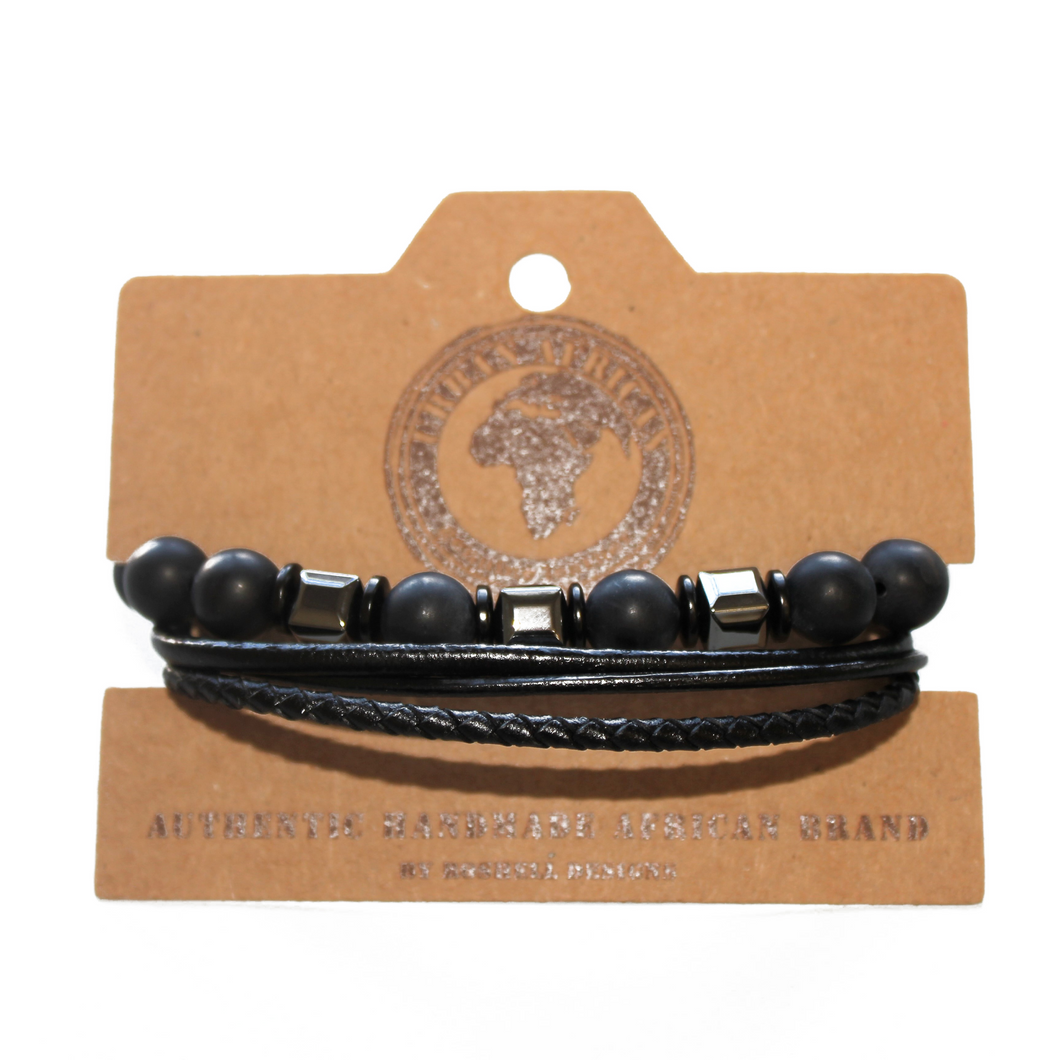 Urban Mix Matt Black Onyx and Pyrite Elasticated Bracelet with a Genuine Leather Bracelet