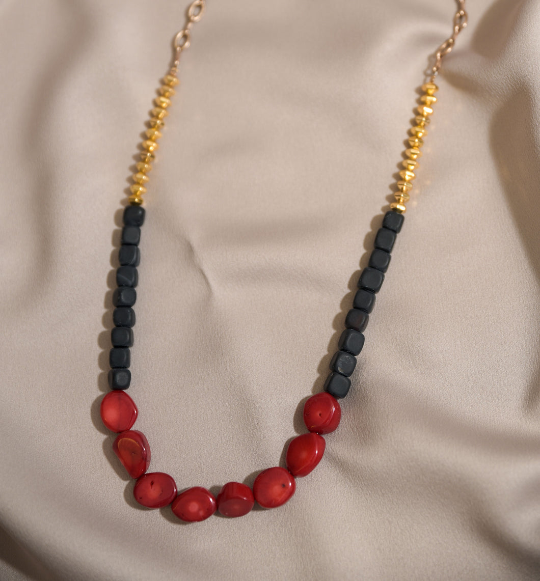 Shaba Coral and Black Agate Necklace