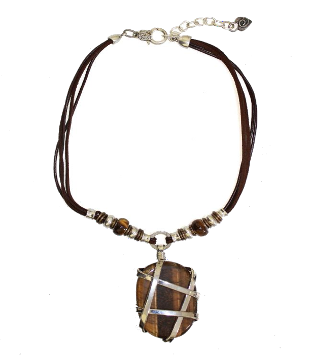 Thanda Genuine Leather Necklace with a Wrapped Tigers Eye Pendant