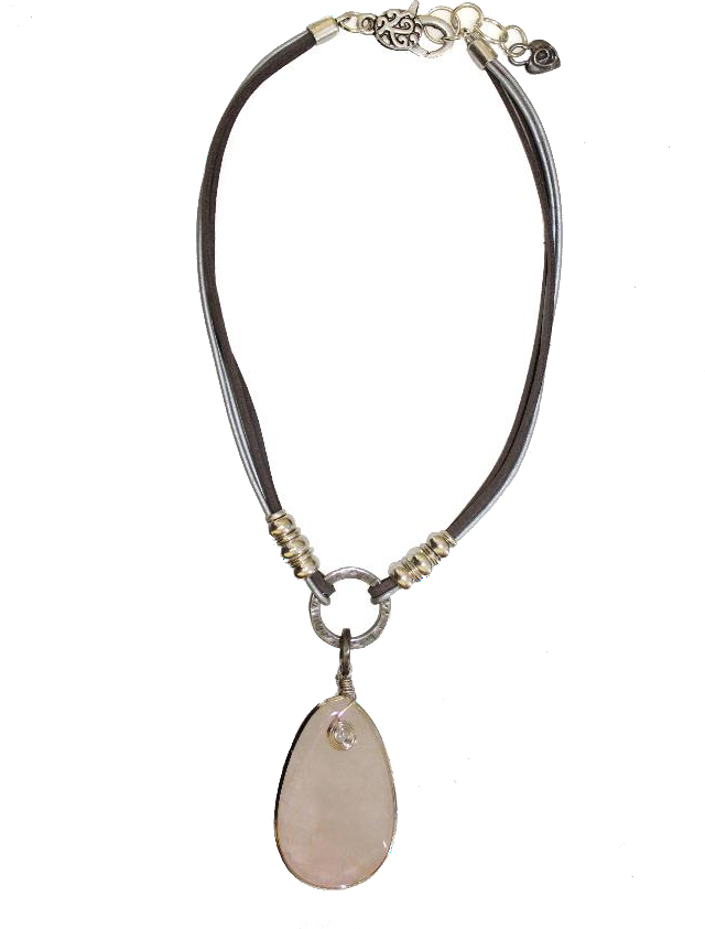 Thanda Silver Genuine Leather and Suede Necklace with Rose Quartz Pendant