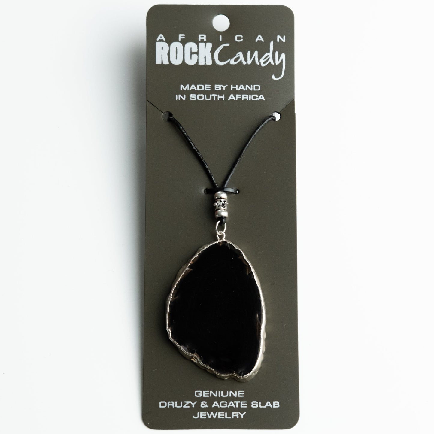 African Rock Candy Black Agate Slice Pendant Necklace