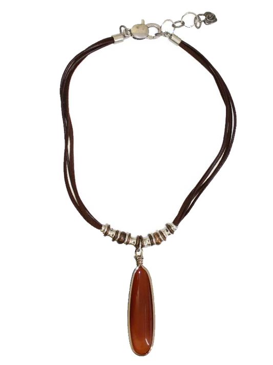 Thanda Genuine Leather Necklace with Long Carnelian Pendant