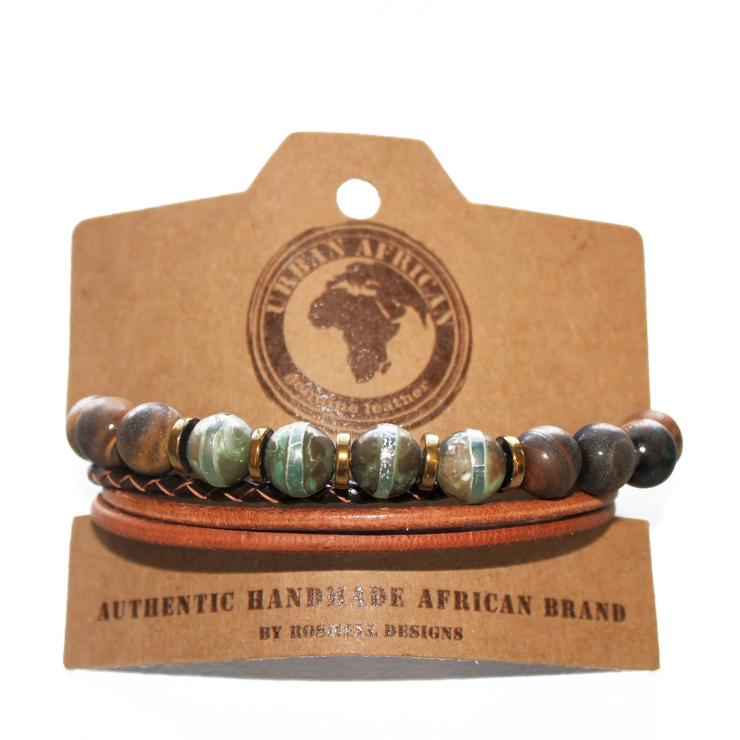 Urban Mix Green Stripe Agate and Tigers Eye Elasticated Bracelet with a Genuine Leather Bracelet