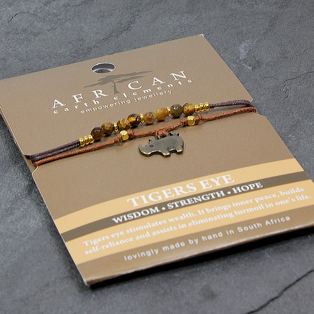 African Earth Elements Tigers Eye Double Bracelet with Rhino Charm