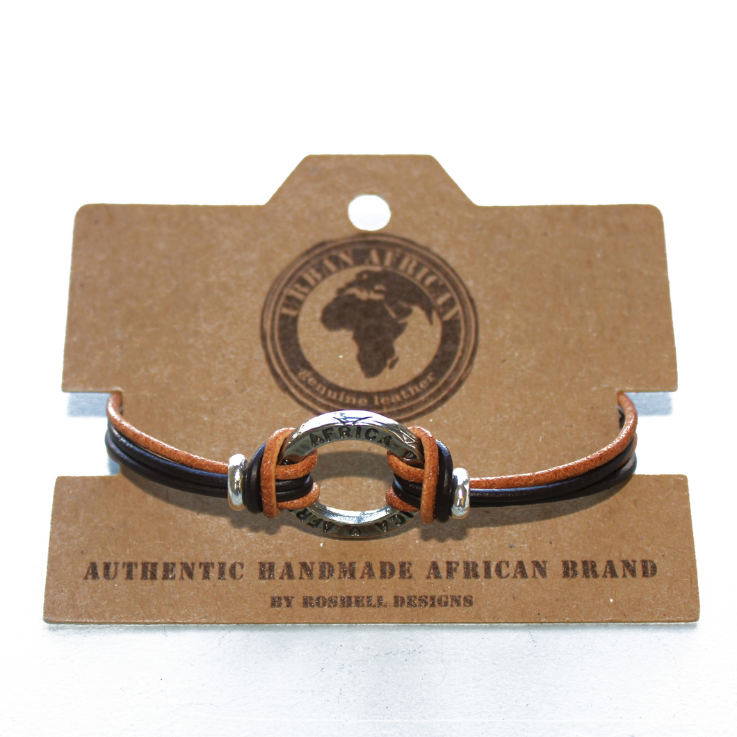 Urban African Tan and Brown Mix Genuine Leather Bracelet with a Round Africa Engraved Disc