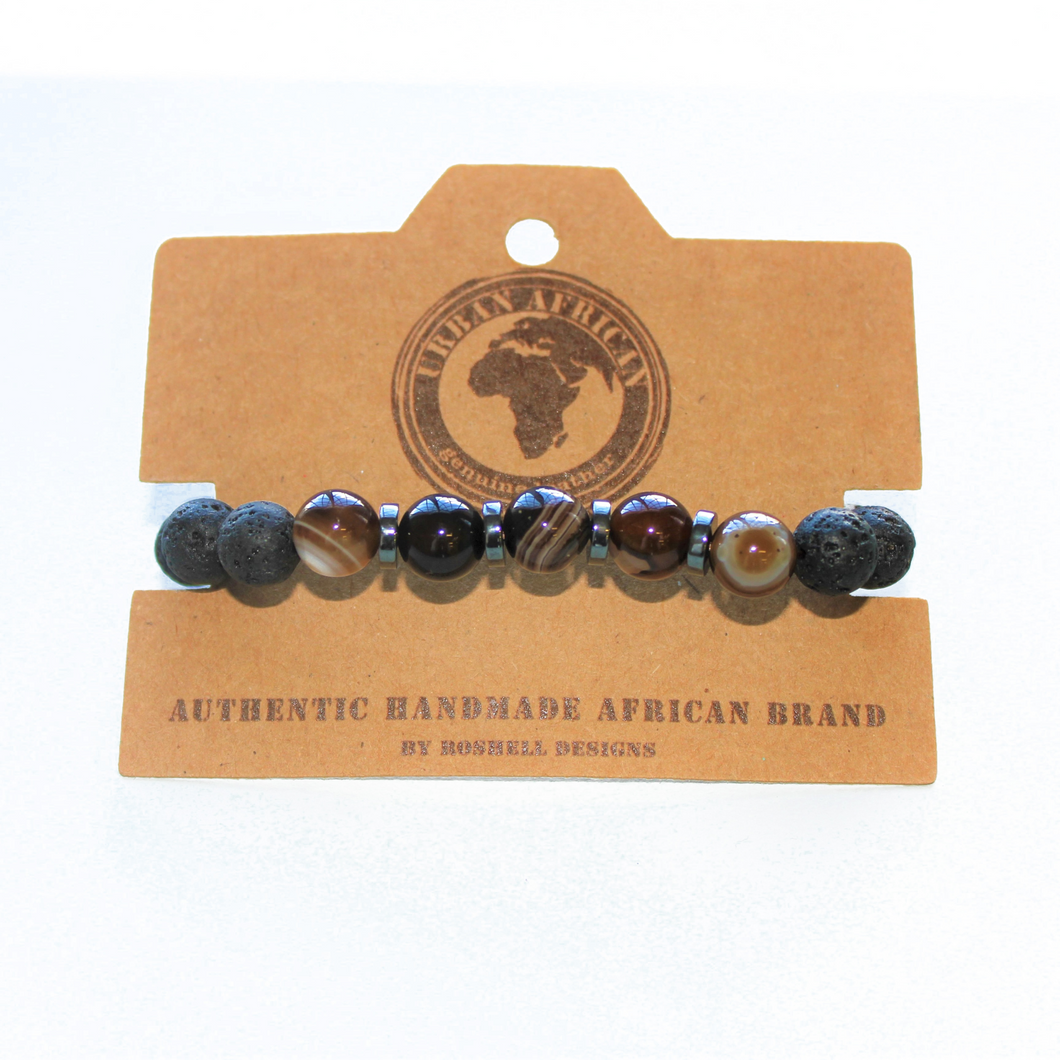 Urban Black Lava and Stripe Agate Semi Precious Stone Elasticated Bracelet