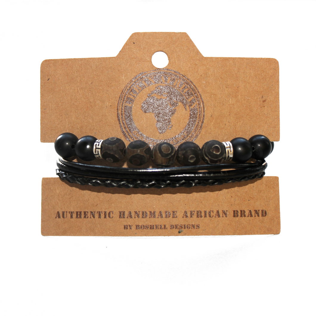 Urban Mix Matt Black and Tibetan Agate Elasticated Bracelet and a Genuine Leather Bracelet