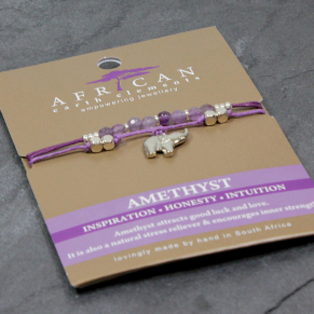 African Earth Elements Amethyst Double Bracelet with Elephant Charm
