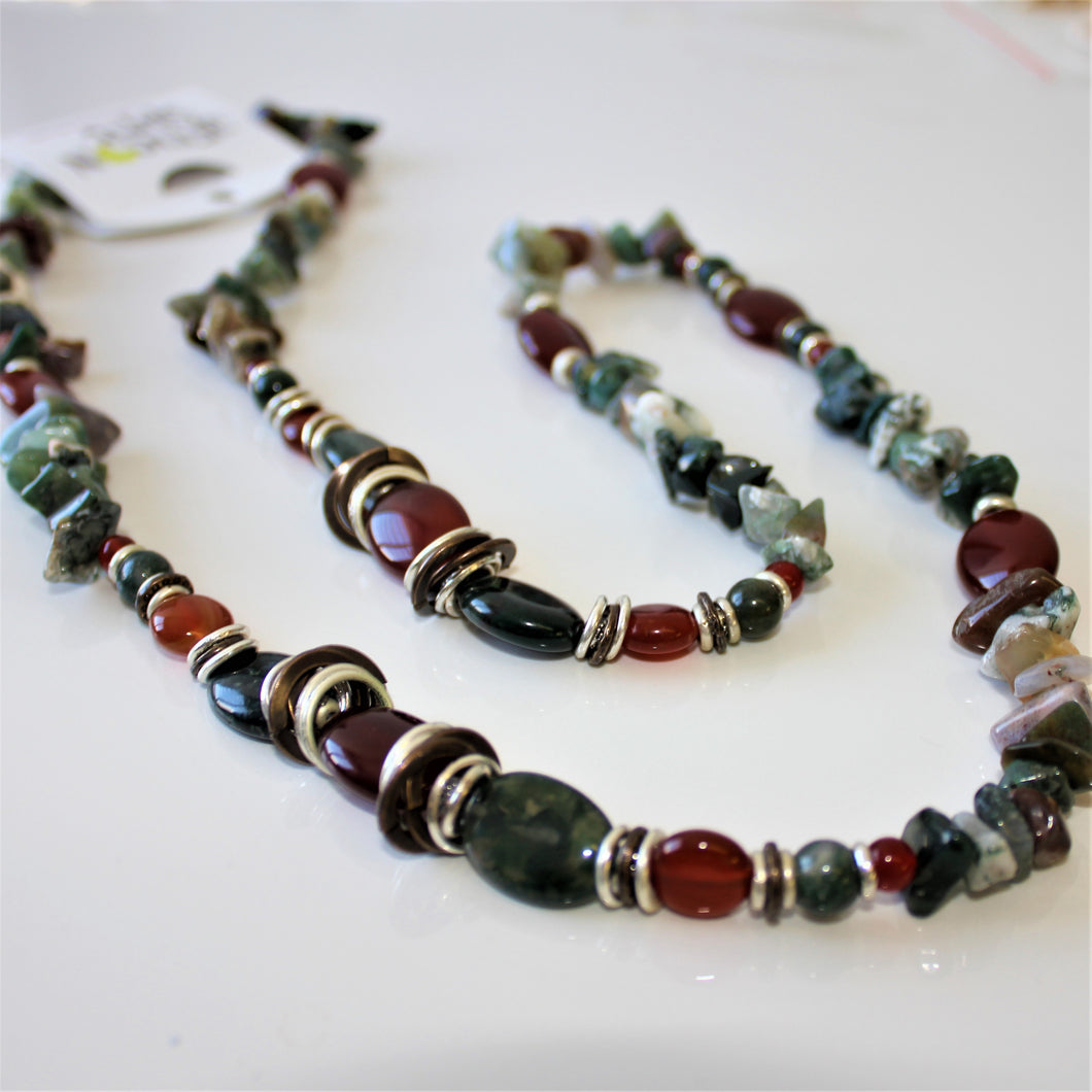 African Spirit Moss Agate and Carnelian Chunky Long Necklace