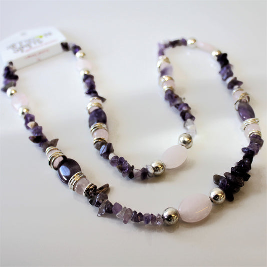 African Spirit Amethyst and Rose Quartz Long Necklace