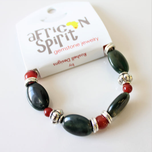 African Spirit Moss Agate and Carnelian Stretch Bracelet