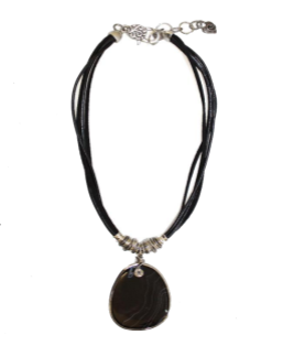 Thanda Black Genuine Leather Necklace with metal rings and Onyx Pendant