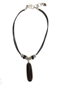 Thanda Black Genuine Leather Necklace with Long Onyx Pendant