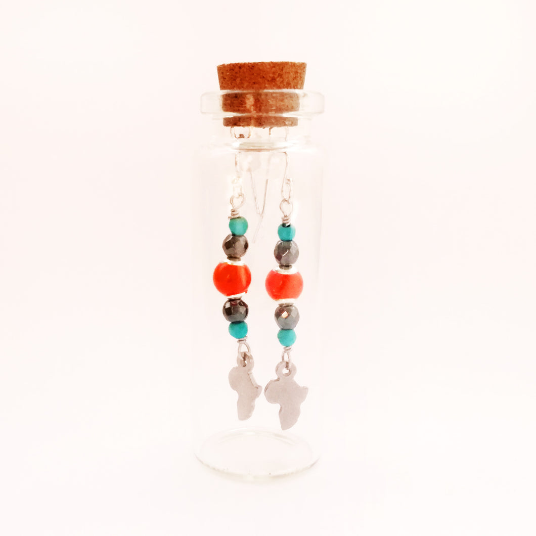 Bottled Carnelian, Pyrite and Turquoise Earrings