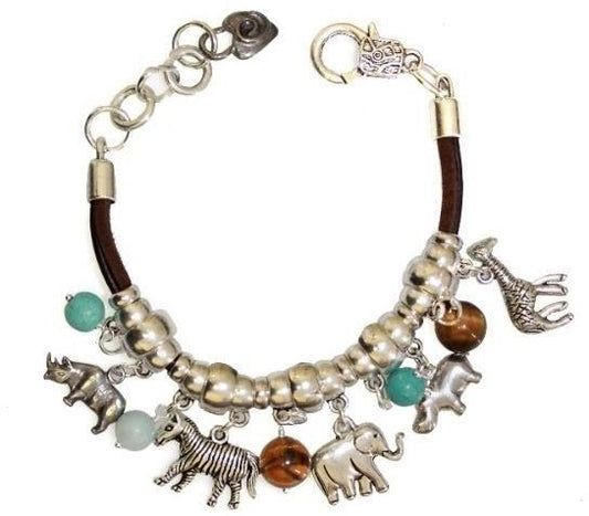 Thanda Tigers Eye and Turquoise Charm Bracelet on Genuine Leather