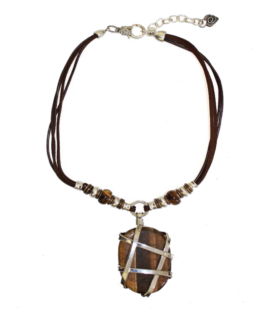 Thanda Genuine Leather Necklace with a Wrapped Tigers Eye Pendant