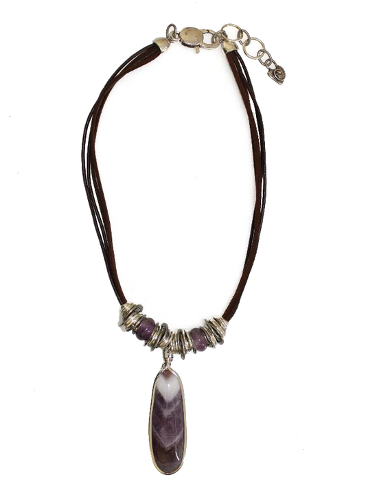 Thanda Brown Genuine Leather Necklace with long Amethyst Pendant