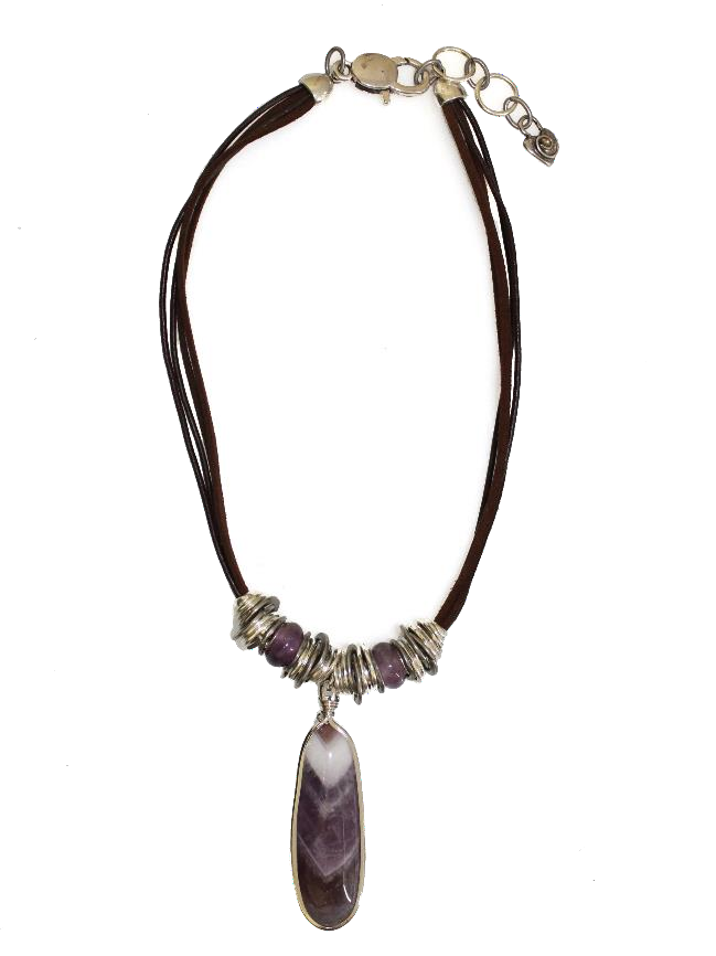 Thanda Brown Genuine Leather Necklace with long Amethyst Pendant