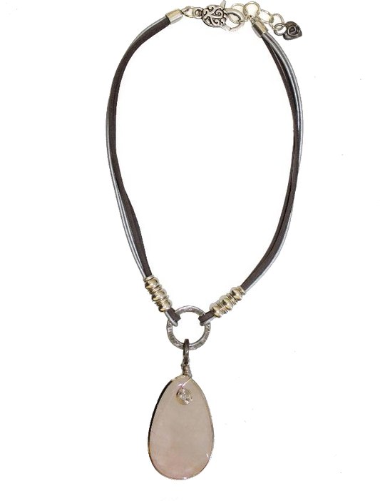 Thanda Silver Genuine Leather and Suede Necklace with Rose Quartz Pendant