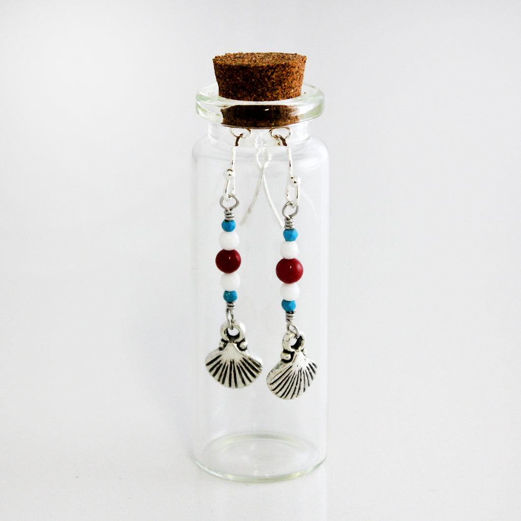 Bottled Coral, White Agate and Turquoise Scallop Earrings
