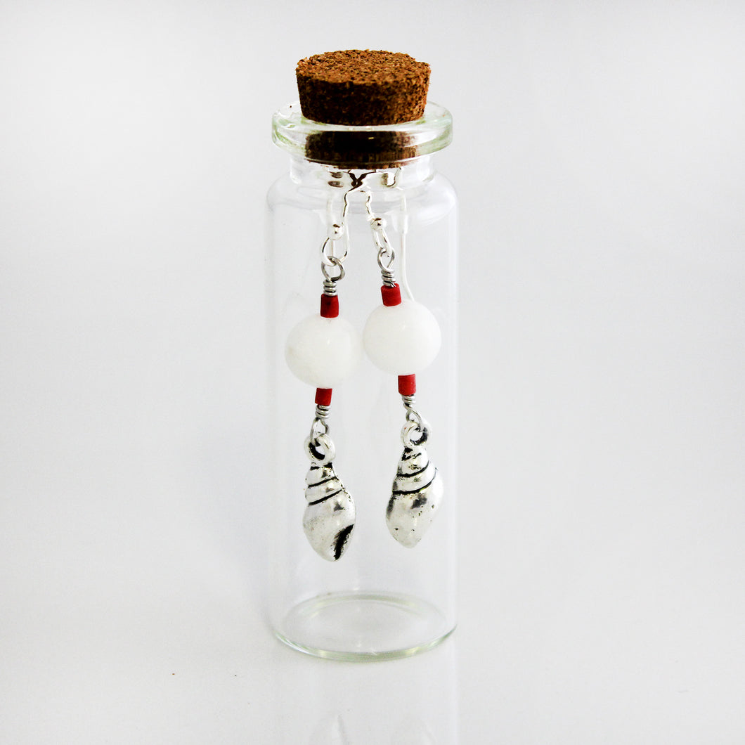 Bottled White Agate and Coral Cone Shell Earrings